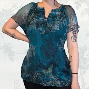 Blue Velvet Plus Size Silk Teal Paisley Women's Top